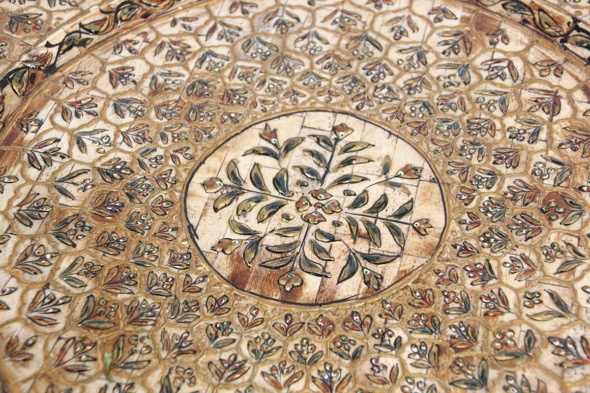 Indian Mughal style Overlaid and Hand Painted Metal Platter 1950