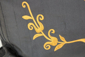 Embroidered Black Silk Decorative Throw Pillow with Tassels