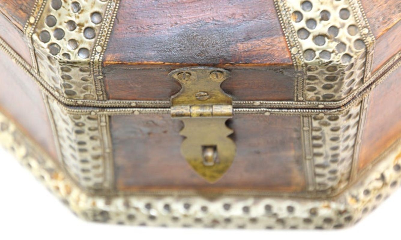 Large Asian Decorative Wooden Jewelry Box with Hammered Brass Metal Overlay