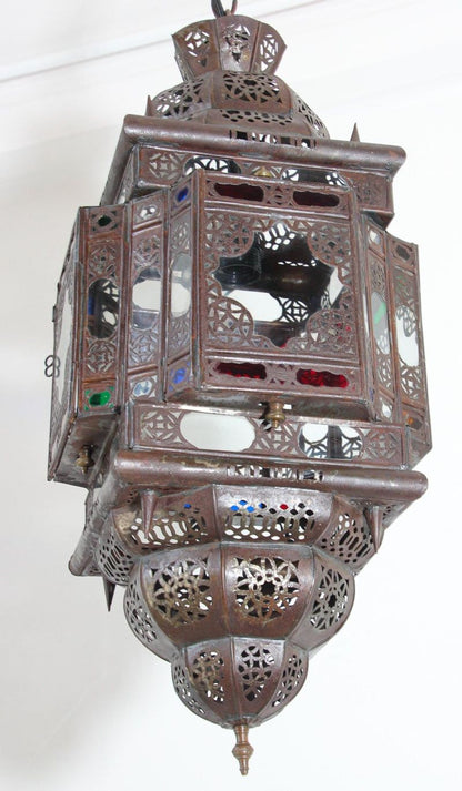 Vintage Moroccan Moorish Bronze Metal & Multicolor Glass Hanging Lantern
