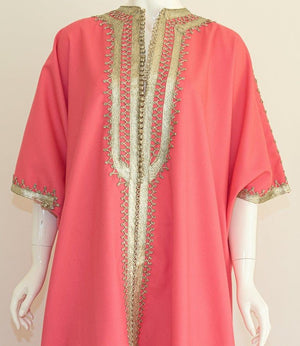 Moroccan Caftan Pink Color with Silver Trim, Vintage Kaftan circa 1970