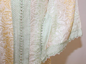 Vintage Moroccan Kaftan, Gold and Sage Damask Embroidered, ca. 1970s