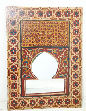 Vintage Moroccan Mirror Hand Painted with Red and Amber Moorish Design