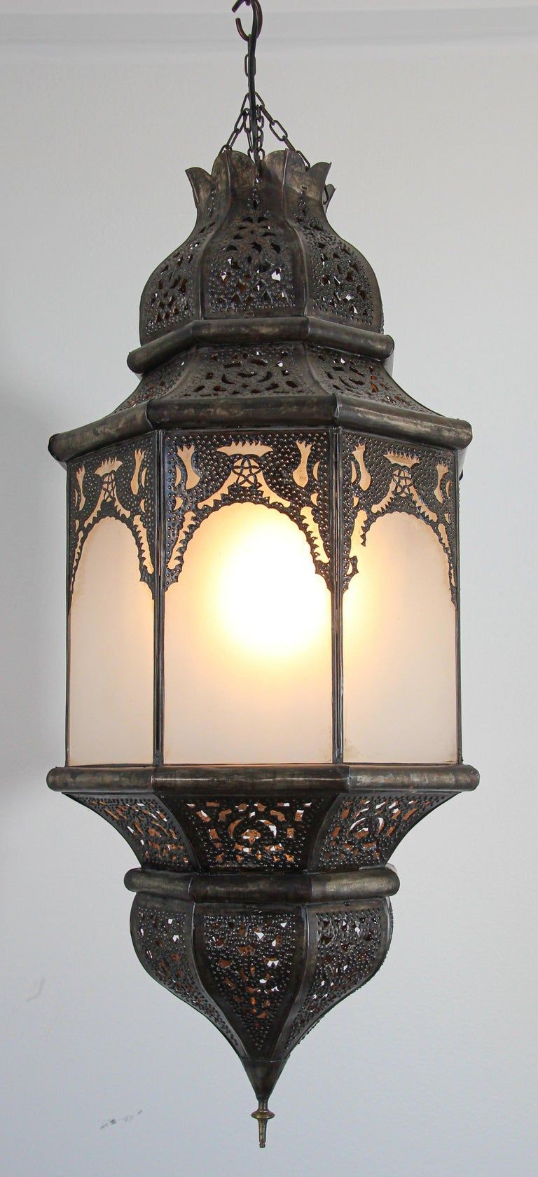 Moroccan Moorish Hanging Metal Lantern with Milky Glass
