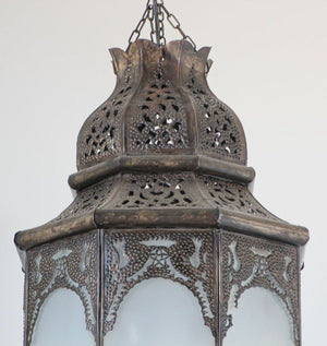 Moroccan Moorish Hanging Metal Lantern with Milky Glass