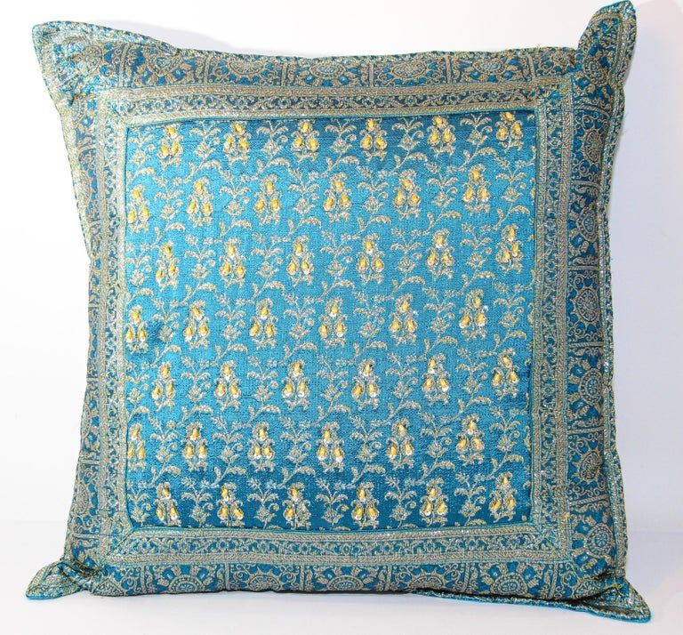 Turquoise Mughal Style Decorative Throw Pillow Embellished with Sequins and Beads