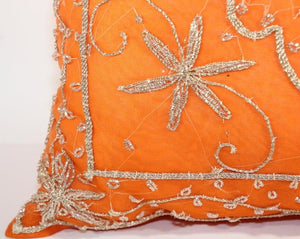 Beaded Orange Throw Pillow Embellished with Sequins