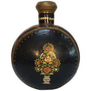 Metal Mughal Style Black Hand-Painted Water Jug Vase Rajasthan India