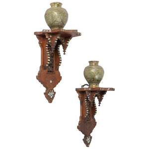 Persian Engraved Ghalam-Zani Brass Vases with Wooden Wall Brackets