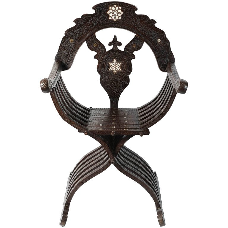 Antique Syrian Mother-of-Pearl Inlaid Carved Throne Armchair