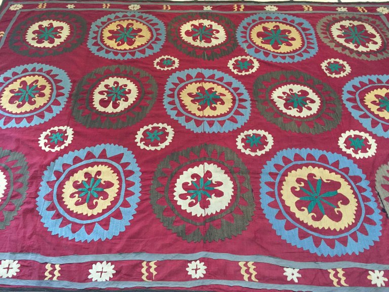 Large Vintage Uzbek Suzani Needlework Textile Blanket or Tapestry