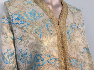 Moroccan Caftan, Turquoise and Gold Brocade Kaftan Size M to L