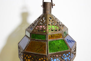 Handcrafted Moroccan Metal and Multi-Color Glass Lantern Octagonal Diamond Shape