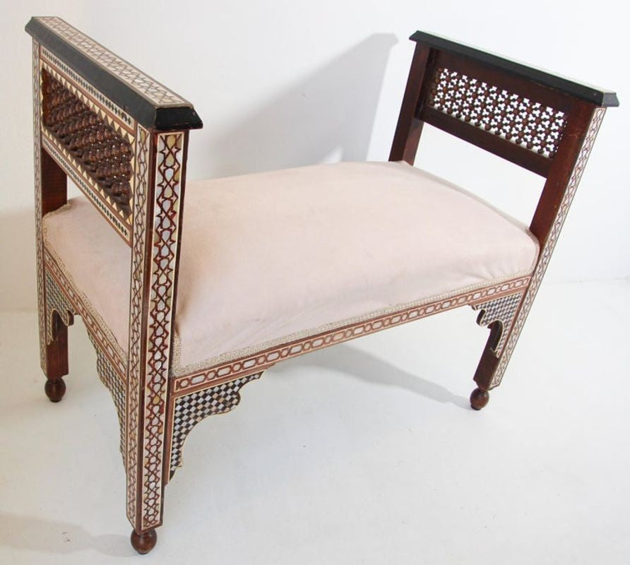 Antique Moroccan Benches with Mosaic White Shell Inlay a Pair