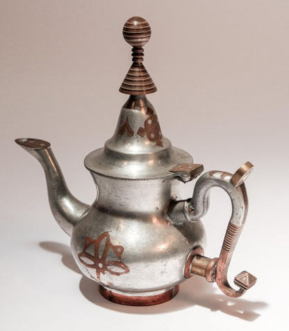 Handcrafted Tuareg Tea Pot, Pewter with Brass & Copper, 1950s