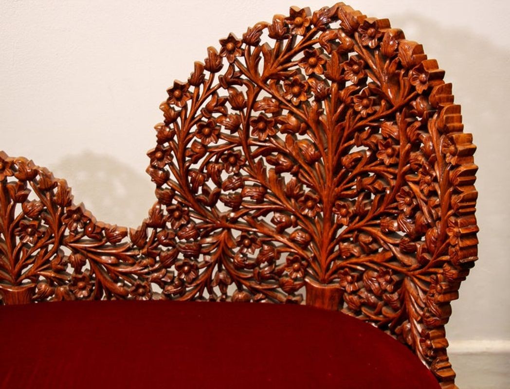 Anglo-Raj Settee with Open Back Hand Carved Tree of Life Back