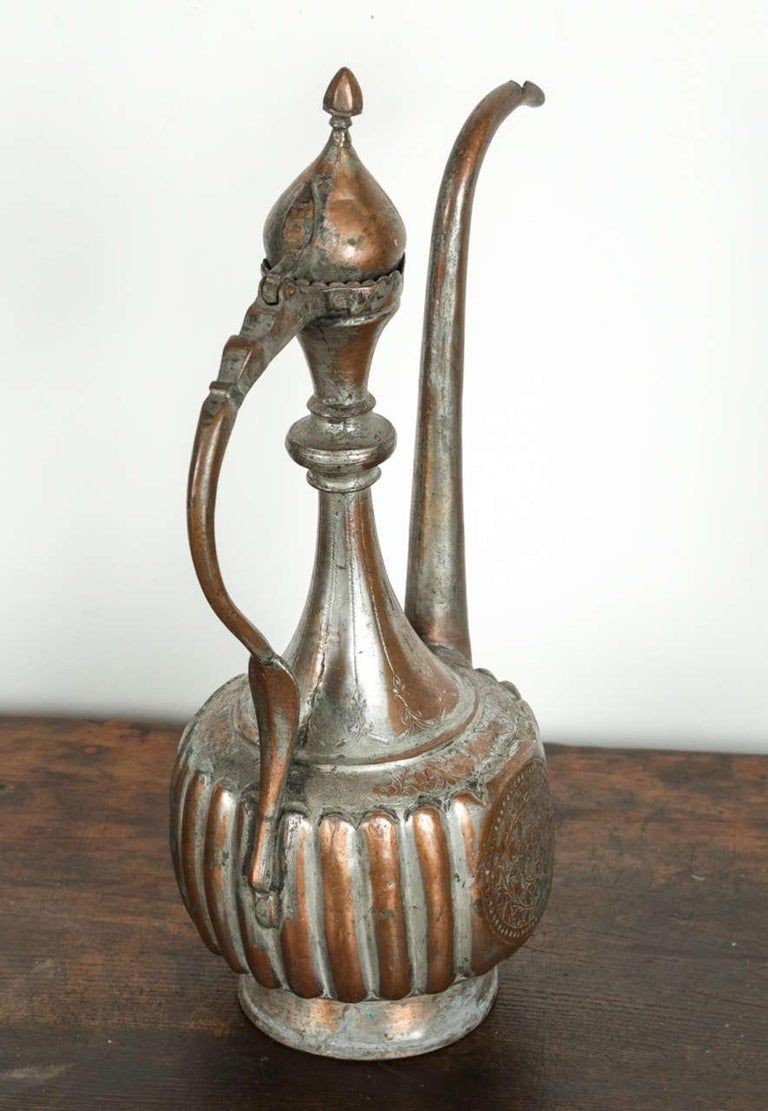 Antique 19th Century Ottoman Turkish Tinned Copper Ewer Ibrik, Islamic Metalwork