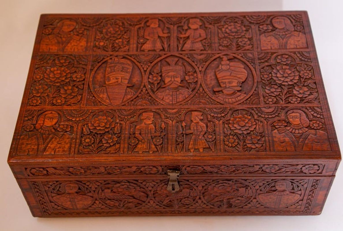 Large Early 19th Century Antique Hand Carved Wooden Mughal Decorative Box