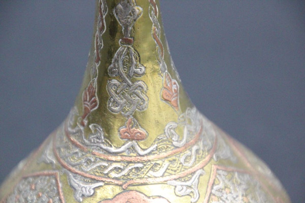 Middle Eastern Islamic Brass Inlaid Decorative Vase Moorish Style 19th C.