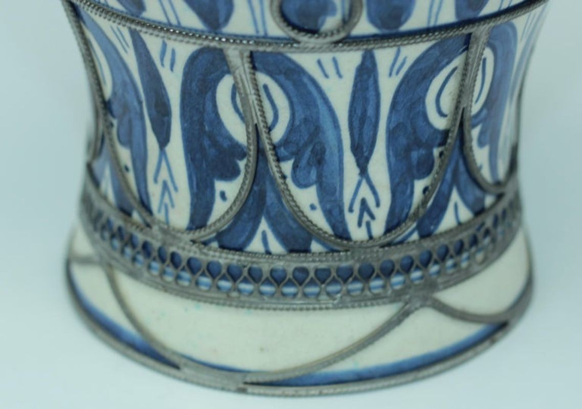 Moroccan Ceramic Vase from Fez Blue and White with Silver Filigree