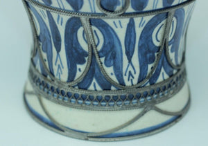 Moroccan Ceramic Vase from Fez Blue and White with Silver Filigree