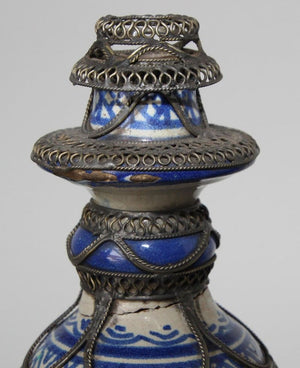 Antique Moroccan Ceramic Candlestick from Fez with Silver Filigree