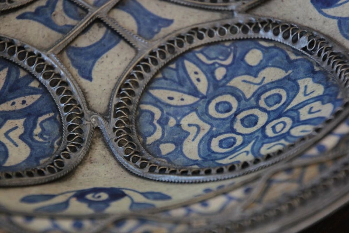 Moroccan Ceramic Blue Bowl Adorned with Silver Filigree from Fez Antique 1920s