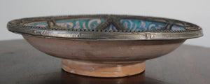 Antique Moroccan Ceramic Bowl Adorned with Moorish Silver Filigree from Fez