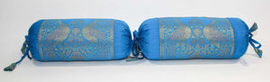 Bolster Pillows Turquoise Blue and Gold Colors with Peacock - A Pair