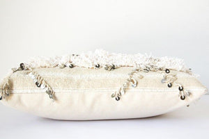 Vintage Moroccan White Pillow with Silver Sequins and Long Fringes