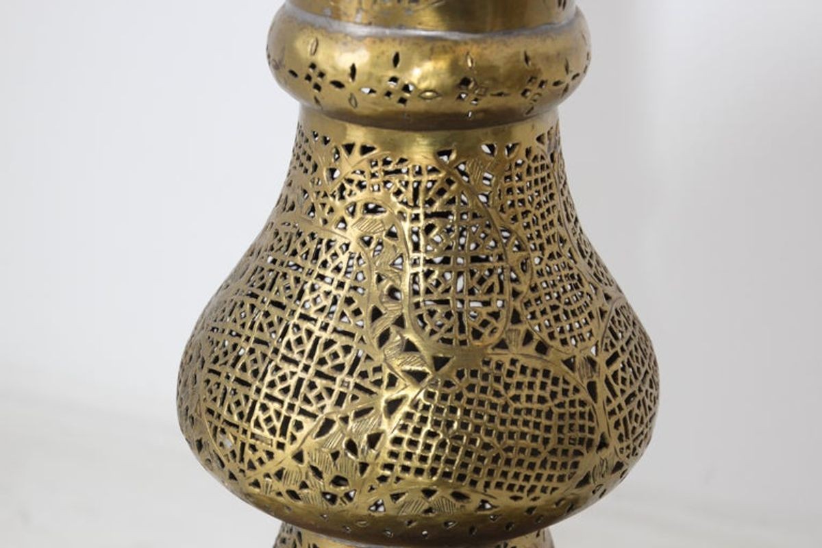 Monumental Middle Eastern Mamluk Revival Pierced Brass Floor Candlestick