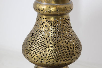 Monumental Middle Eastern Mamluk Revival Pierced Brass Floor Candlestick