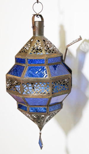 Handcrafted Moroccan Blue Glass Lantern Metal Octagonal Diamond Shape