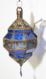 Handcrafted Moroccan Blue Glass Lantern Metal Octagonal Diamond Shape