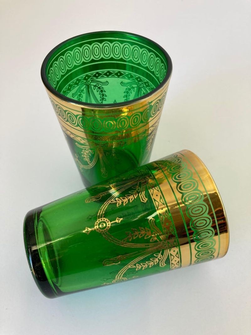 Set of Six Handblown Moroccan Moorish Green and Gold Glasses