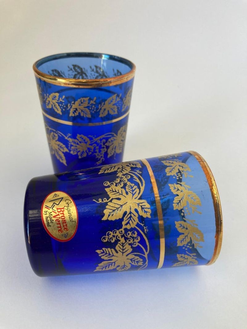 Set of Six Handblown Moorish Blue and Gold Glasses