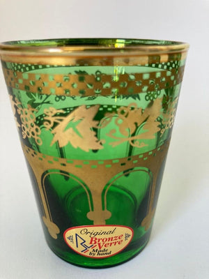 Set of Six Handblown Moroccan Green and Gold Glasses