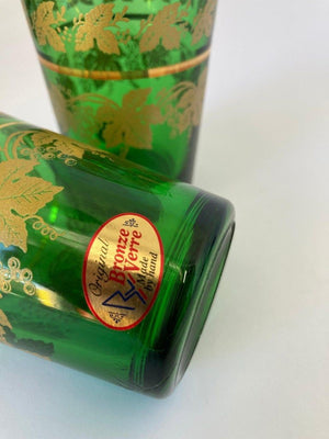 Set of Six Handblown Italian Moorish Green with Gold Shot Glasses
