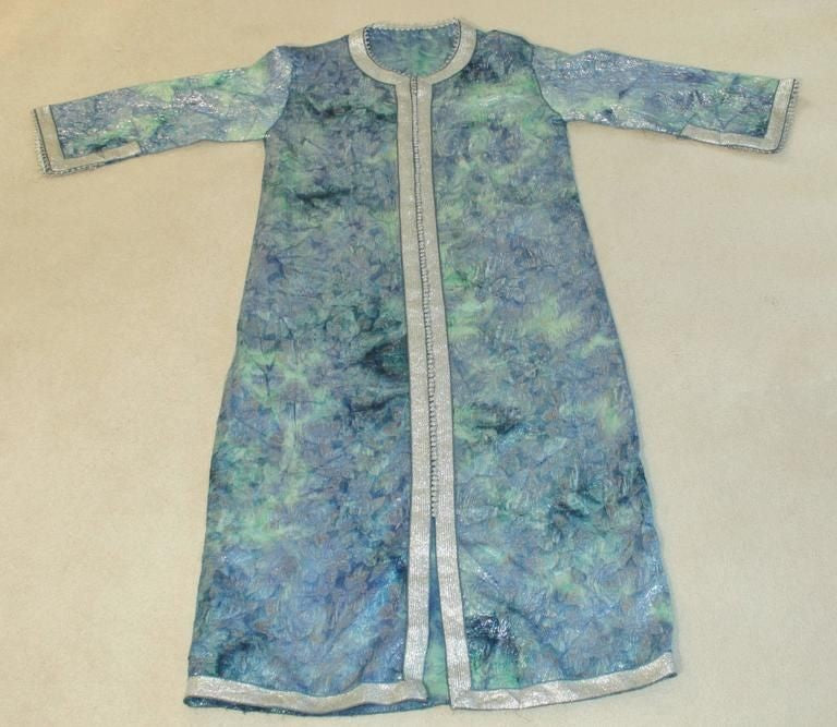 Moroccan Moorish Caftan Maxi Dress Brocade Aquamarine Blue and Silver Size M L