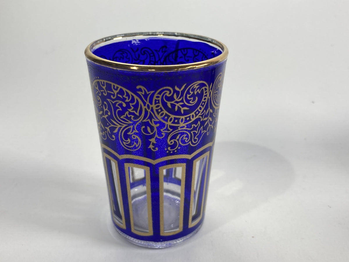 Moroccan Royal Blue Shot Glasses Set of Six, Gold Moorish Design, 1980