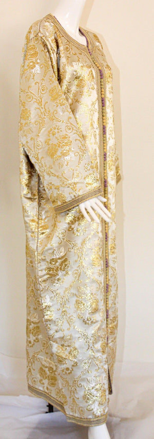 Moroccan Vintage Caftan in Gold Metallic Brocade, Maxi Gown Dress Kaftan