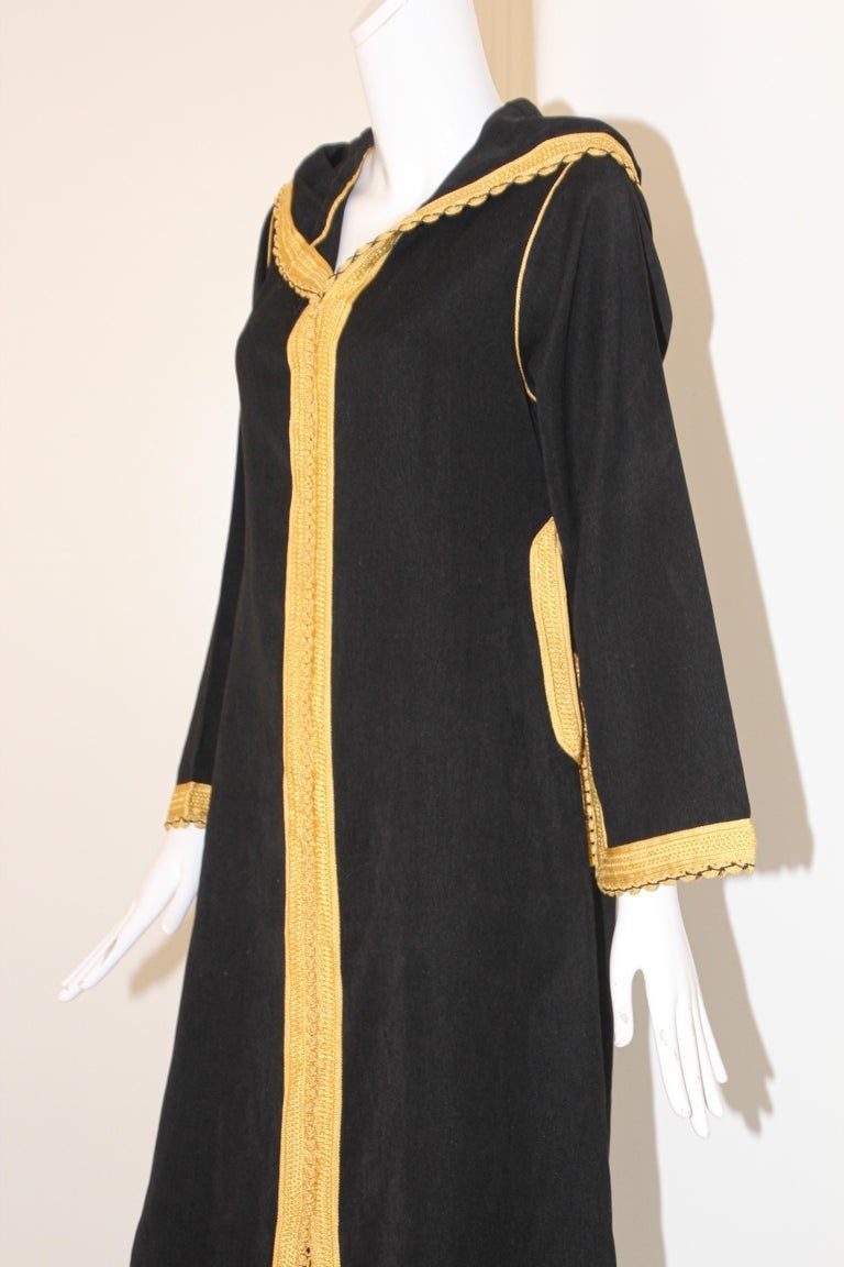 Vintage Moroccan Caftan, Hooded Black and Gold Trim Kaftan Circa 1970' - E-mosaik Vintage Moroccan Caftan, Hooded Black and Gold Trim Kaftan Circa 1970' - E-mosaik