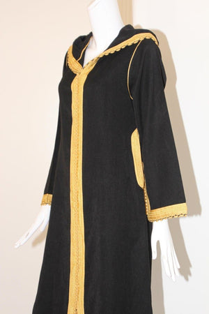 Vintage Moroccan Caftan, Hooded Black and Gold Trim Kaftan Circa 1970's