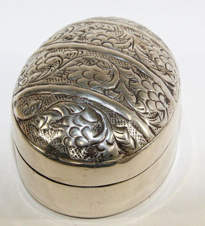 Asian Antique Oval Betel Box, Silvered Metal, Floral Design, 1960