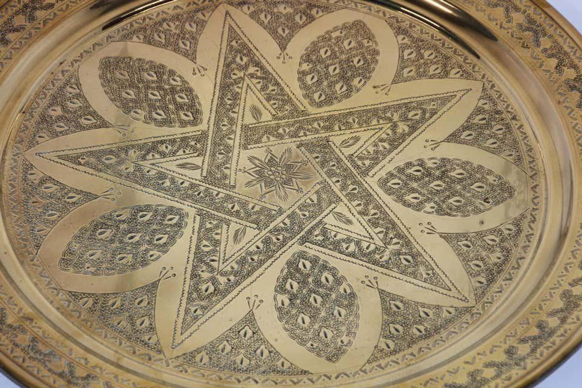 1900s Moroccan Brass Tray Star Etched Collectible Polished Platter