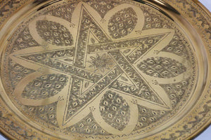 Antique Moroccan Brass Tray Star Etched Collectible Polished Platter 22.5 in. D.