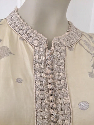 1960's Vintage Moroccan Caftan with Silver Metallic Floral Silk Brocade