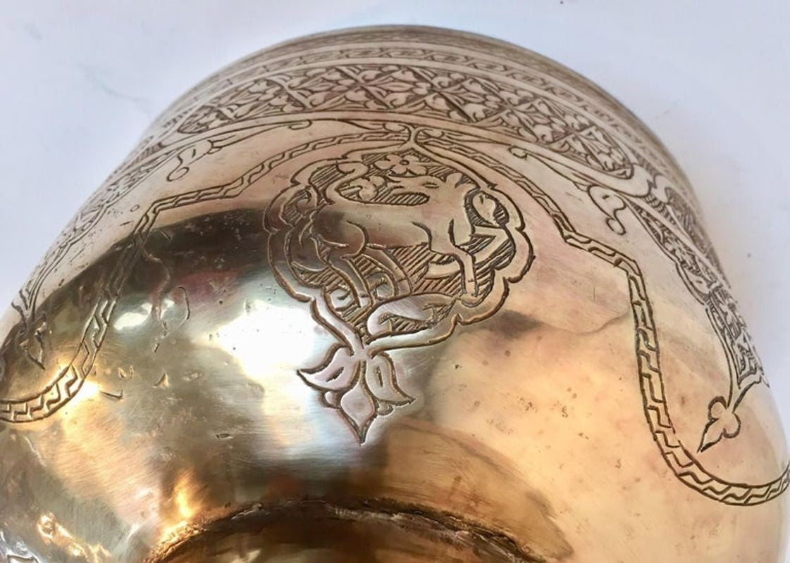 Antique Islamic Hand-Etched Arabian Footed Brass Bowl