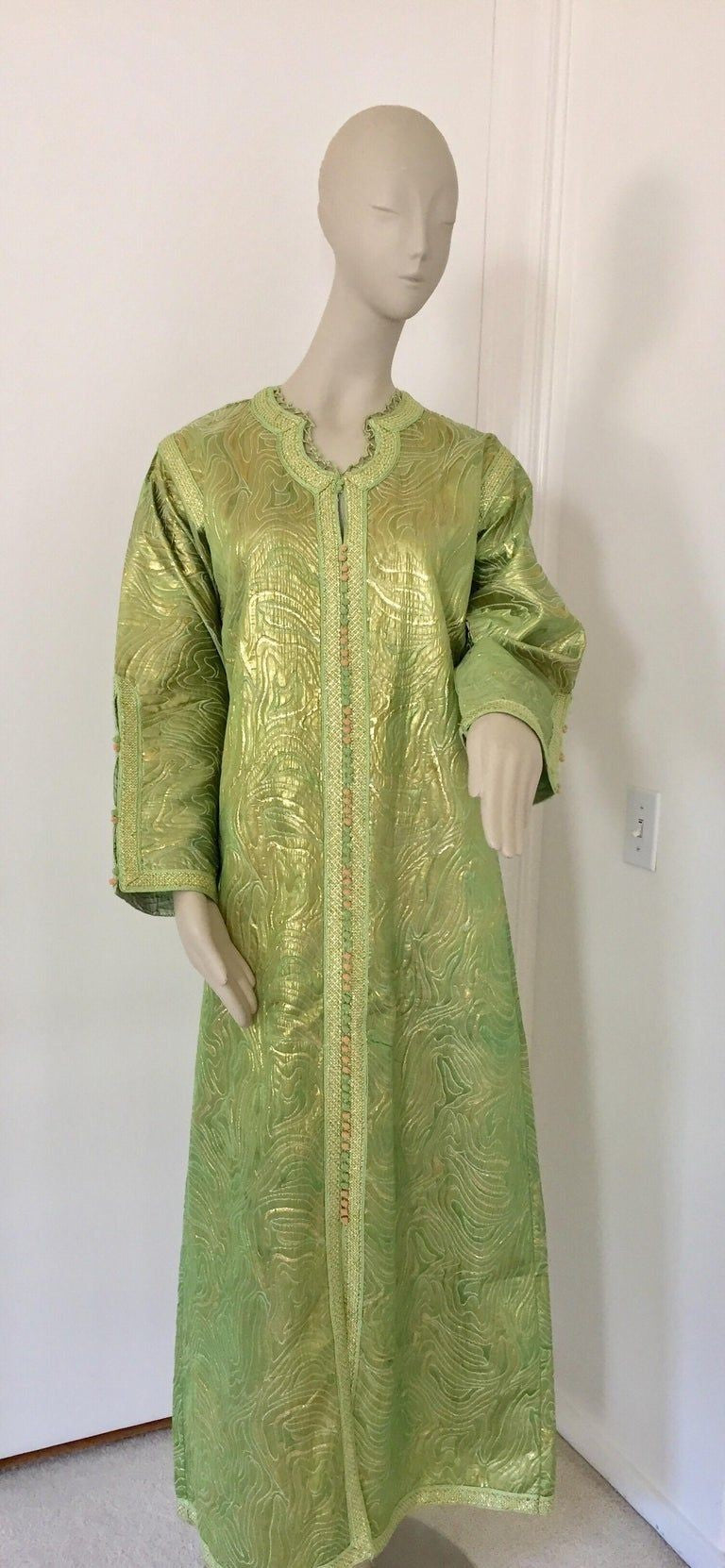 Moroccan Kaftan in Green and Gold Brocade Metallic Lame