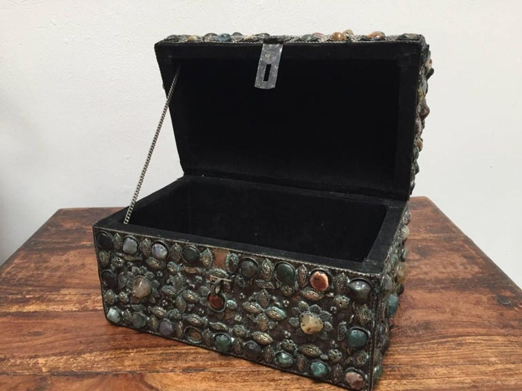 Large Moroccan Wedding Silvered Jewelry Box Inlaid with Semi-Precious Stones